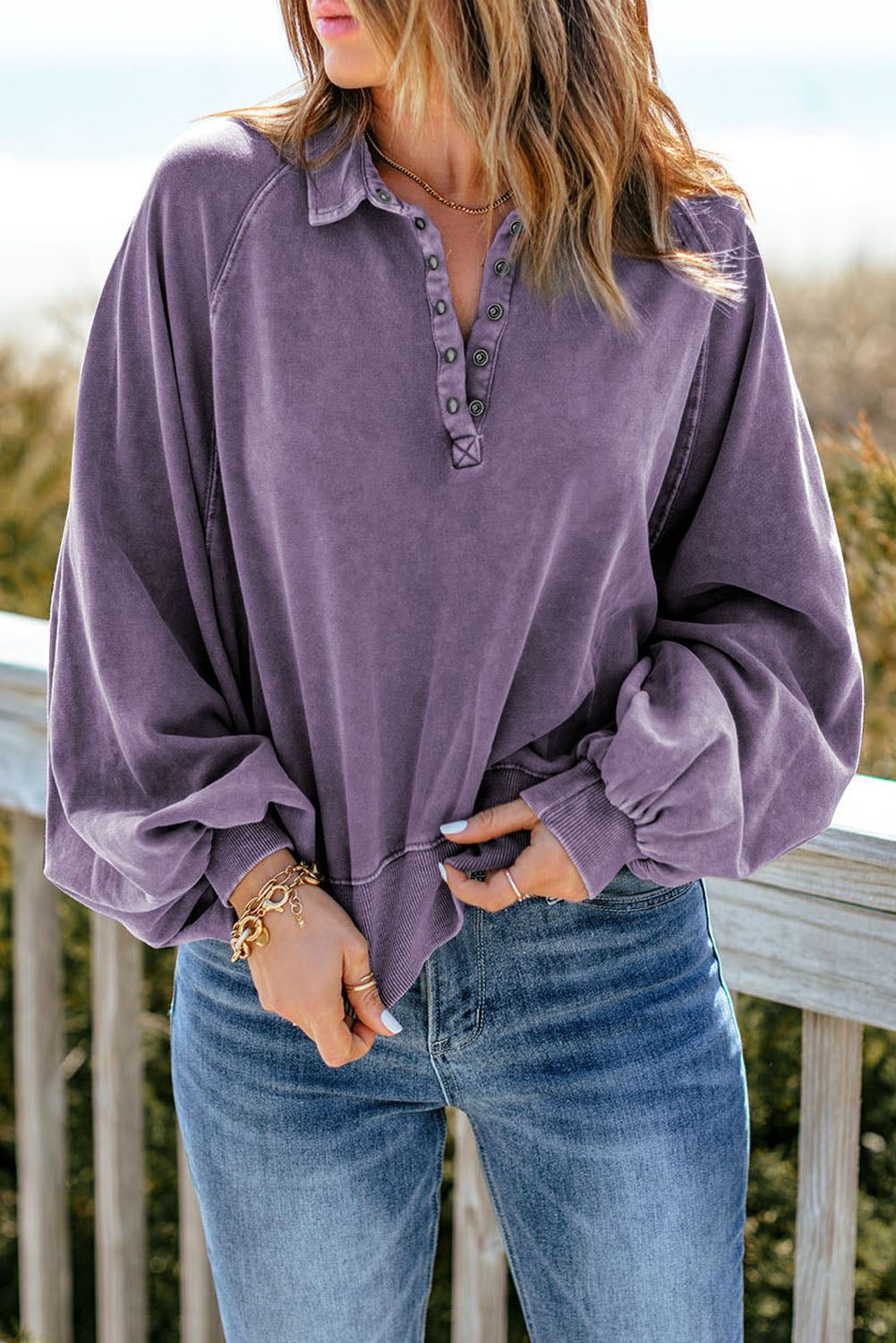 Quarter-Snap Collared Lantern Sleeve Sweatshirt - FunkyPeacockStore (Store description)