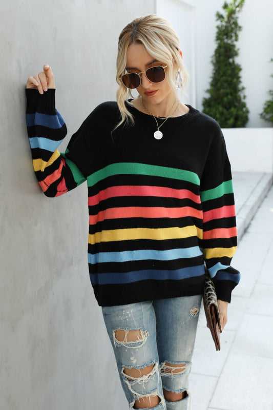 Rainbow Stripe Dropped Shoulder Sweater - FunkyPeacockStore (Store description)