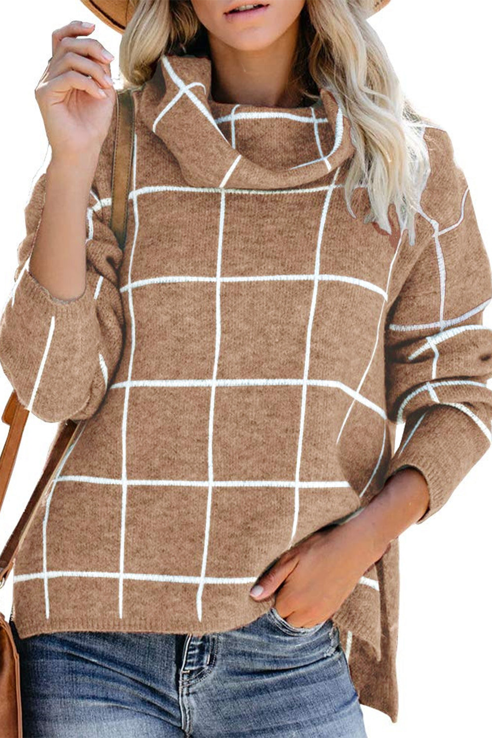 Plaid Turtleneck Drop Shoulder Sweater - FunkyPeacockStore (Store description)