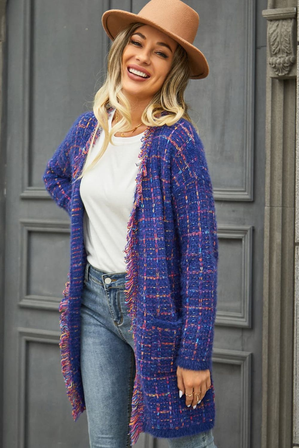 Plaid Fringe Trim Open Front Longline Cardigan - FunkyPeacockStore (Store description)