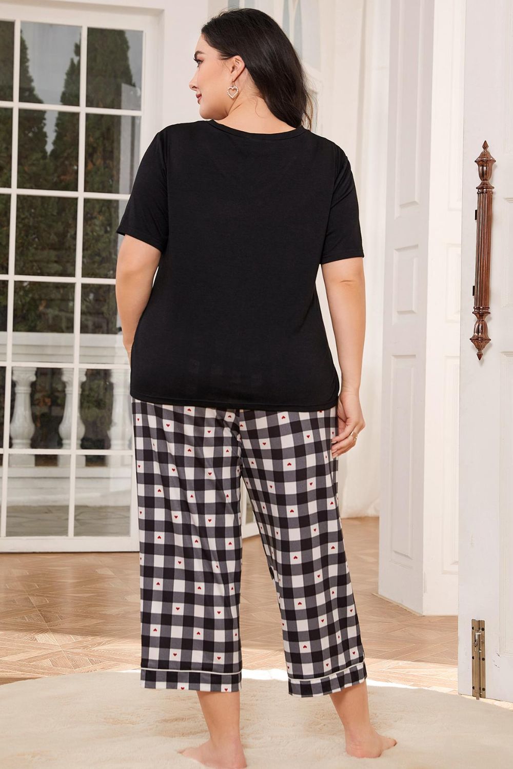 V-Neck Tee and Plaid Cropped Pants Lounge Set - FunkyPeacockStore (Store description)