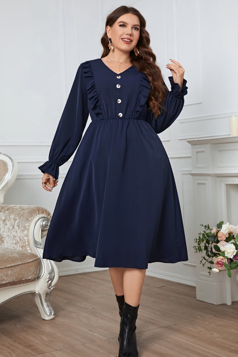 V-Neck Buttoned Flounce Sleeve Dress - FunkyPeacockStore (Store description)