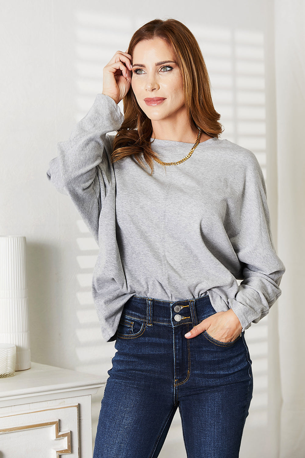 Double Take Seam Detail Round Neck Long Sleeve Top - FunkyPeacockStore (Store description)