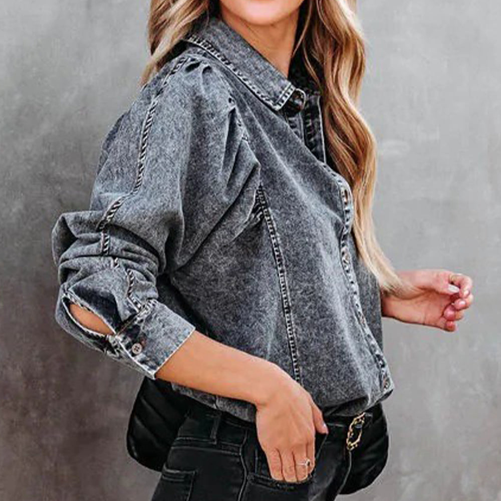 Collared Neck Buttoned Denim Shirt - FunkyPeacockStore (Store description)