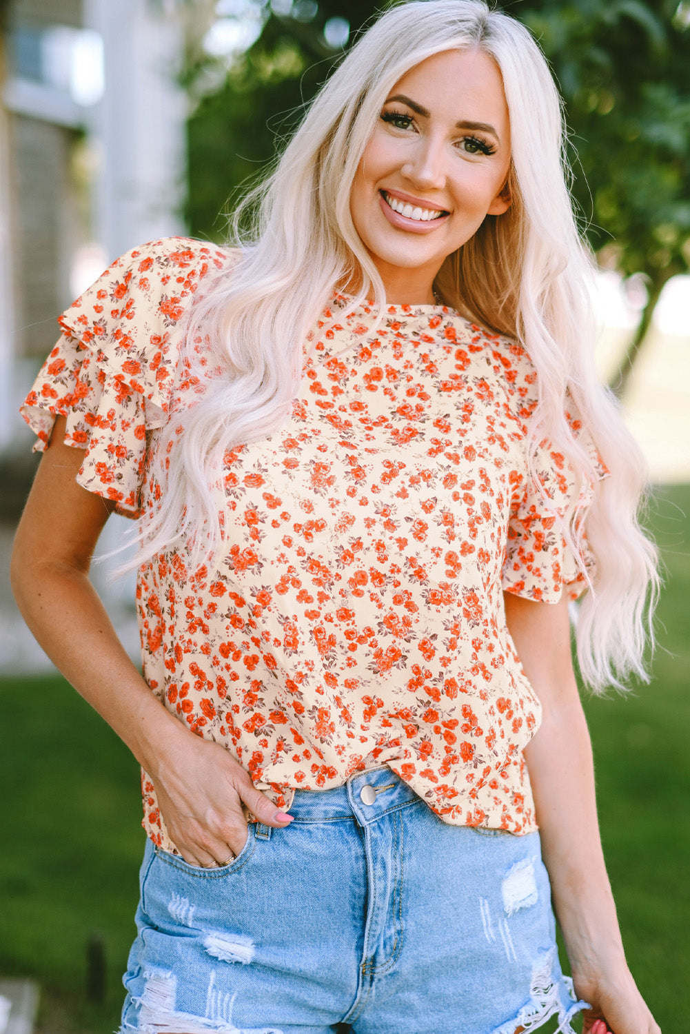 Floral Round Neck Flutter Sleeve Blouse - FunkyPeacockStore (Store description)