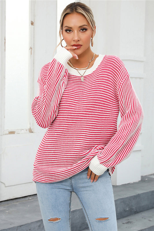 Striped Round Neck Long Sleeve Knit Top - FunkyPeacockStore (Store description)