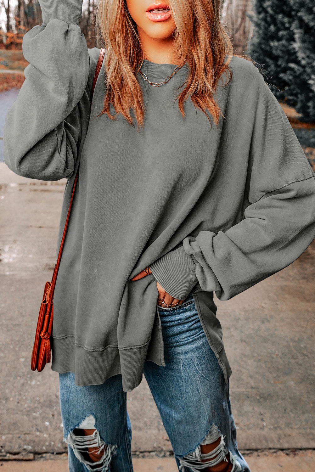 Dropped Shoulder Round Neck Long Sleeve Blouse - FunkyPeacockStore (Store description)