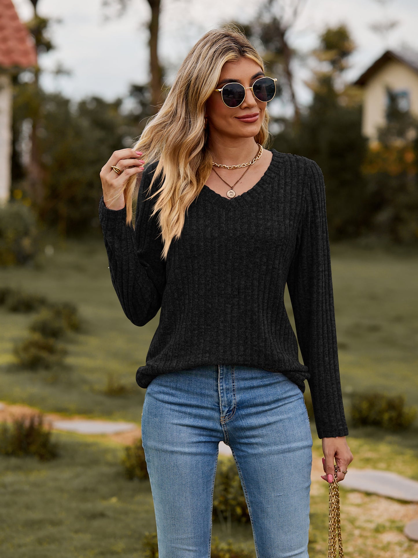 Ribbed V-Neck Long Sleeve Tee - FunkyPeacockStore (Store description)