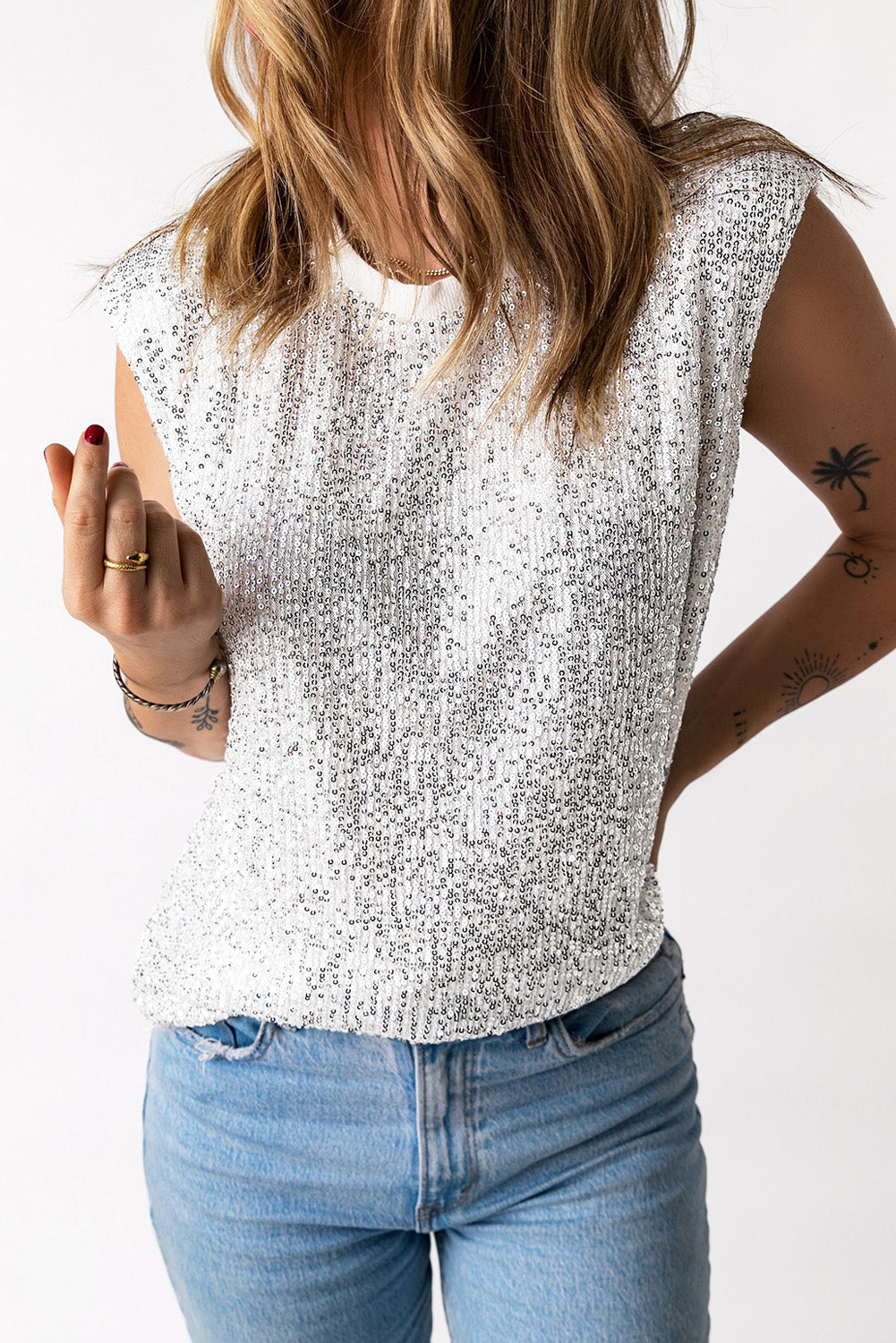 Sequin Round Neck Capped Sleeve Tank - FunkyPeacockStore (Store description)