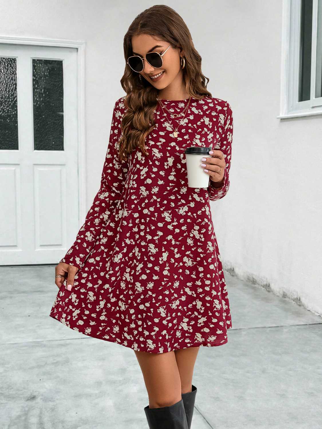 Round Neck Long Sleeve Mini Dress - FunkyPeacockStore (Store description)