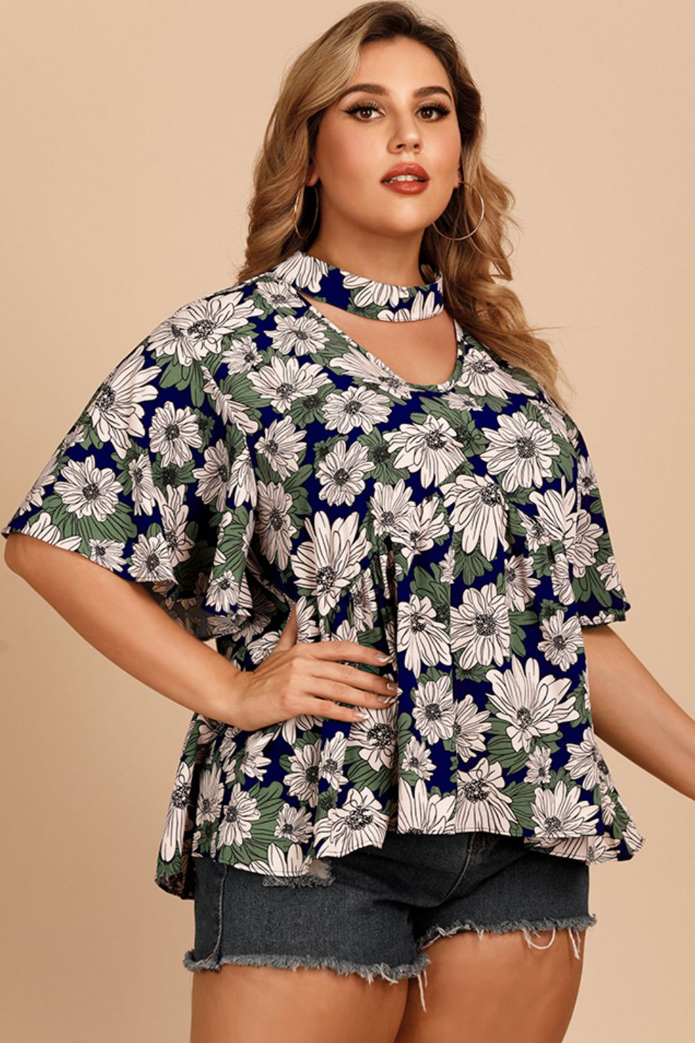 Floral Flutter Sleeve Cutout Blouse - FunkyPeacockStore (Store description)