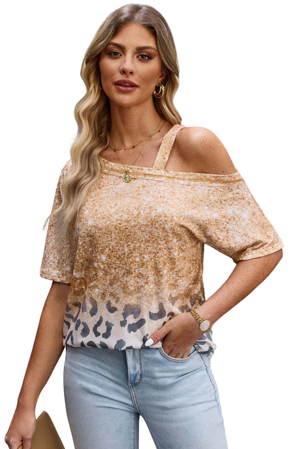 Leopard Asymmetrical Neck Cold-Shoulder Blouse - FunkyPeacockStore (Store description)