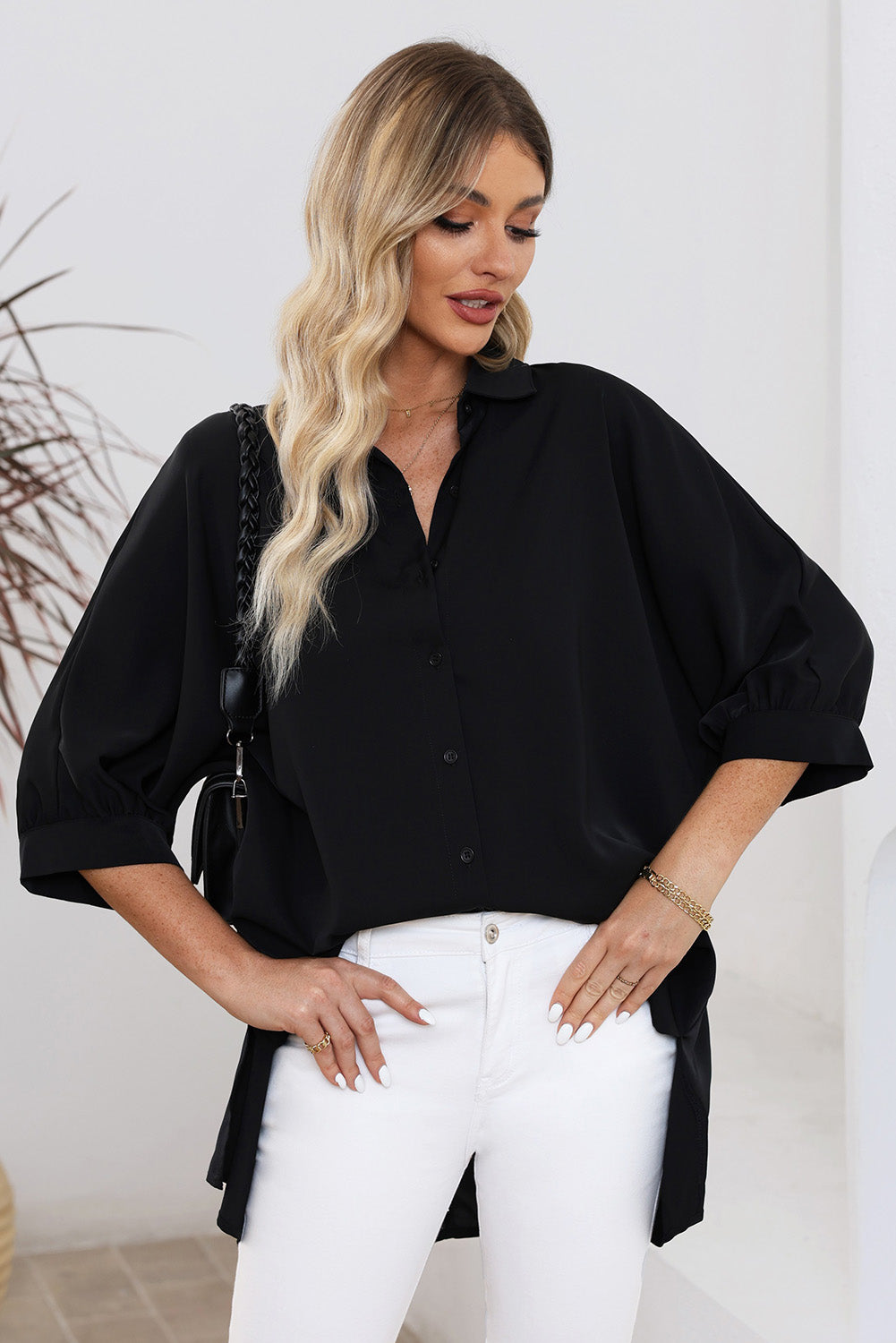 Three-Quarter Sleeve Slit Shirt - FunkyPeacockStore (Store description)