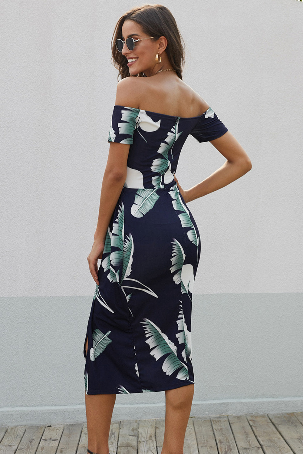 Printed Off-Shoulder Split Dress - FunkyPeacockStore (Store description)