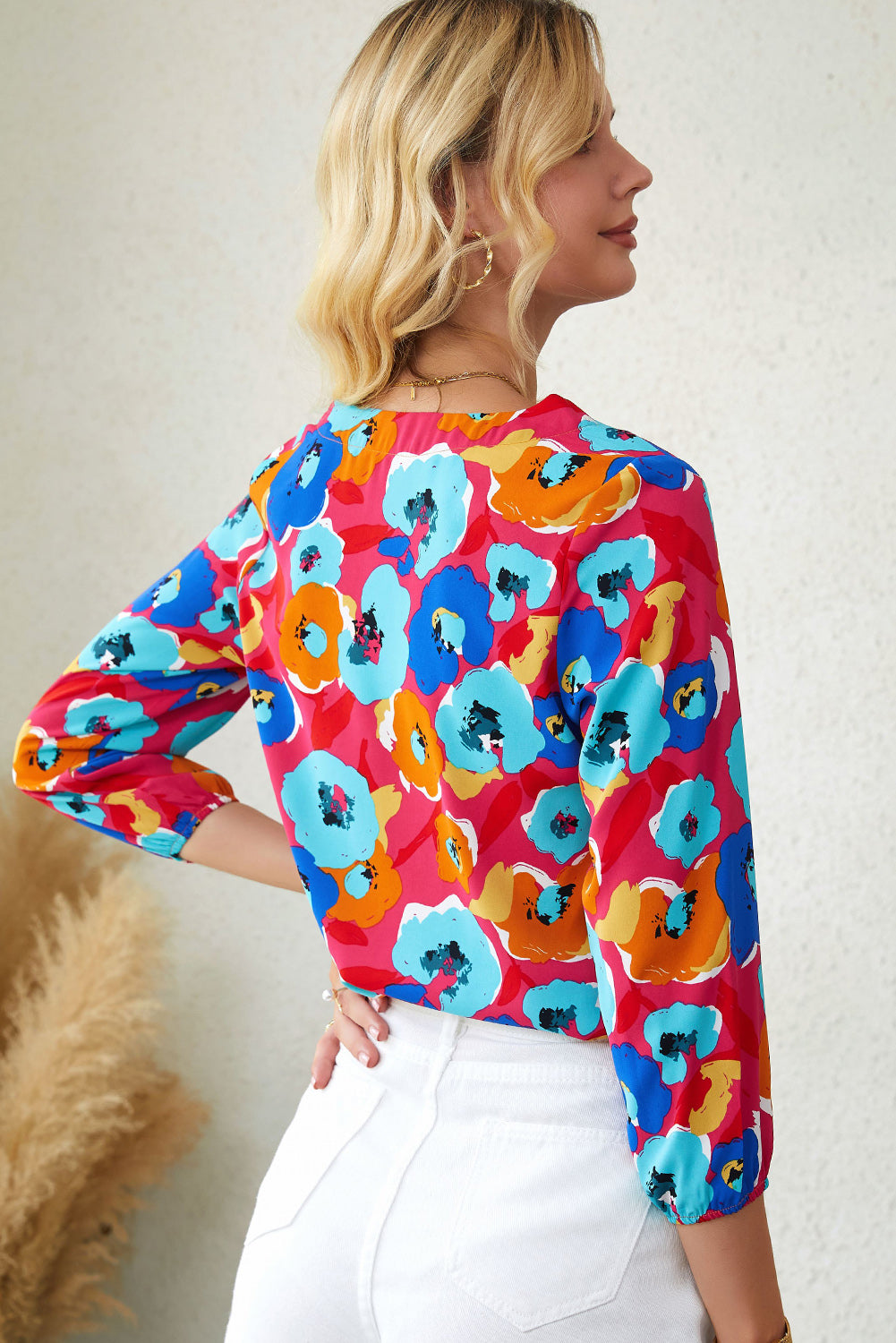 Floral V-Neck Three-Quarter Sleeve Top - FunkyPeacockStore (Store description)