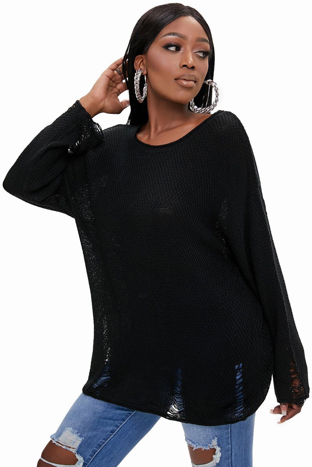 Round Neck Distressed Drop Shoulder Sweater - FunkyPeacockStore (Store description)