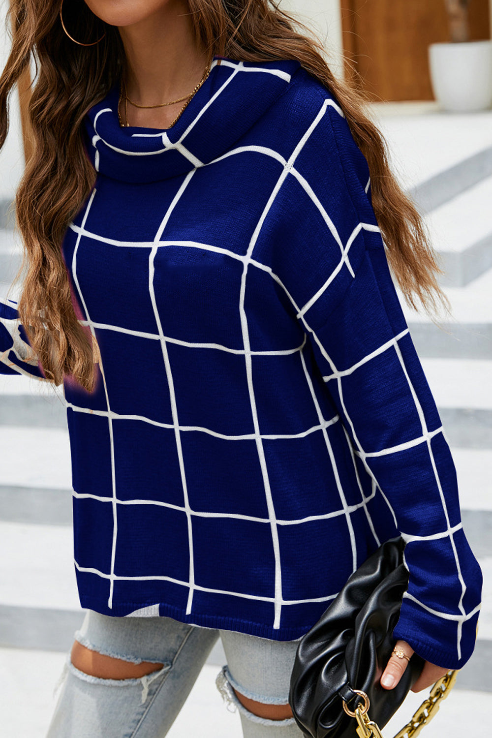 Plaid Turtleneck Drop Shoulder Sweater - FunkyPeacockStore (Store description)