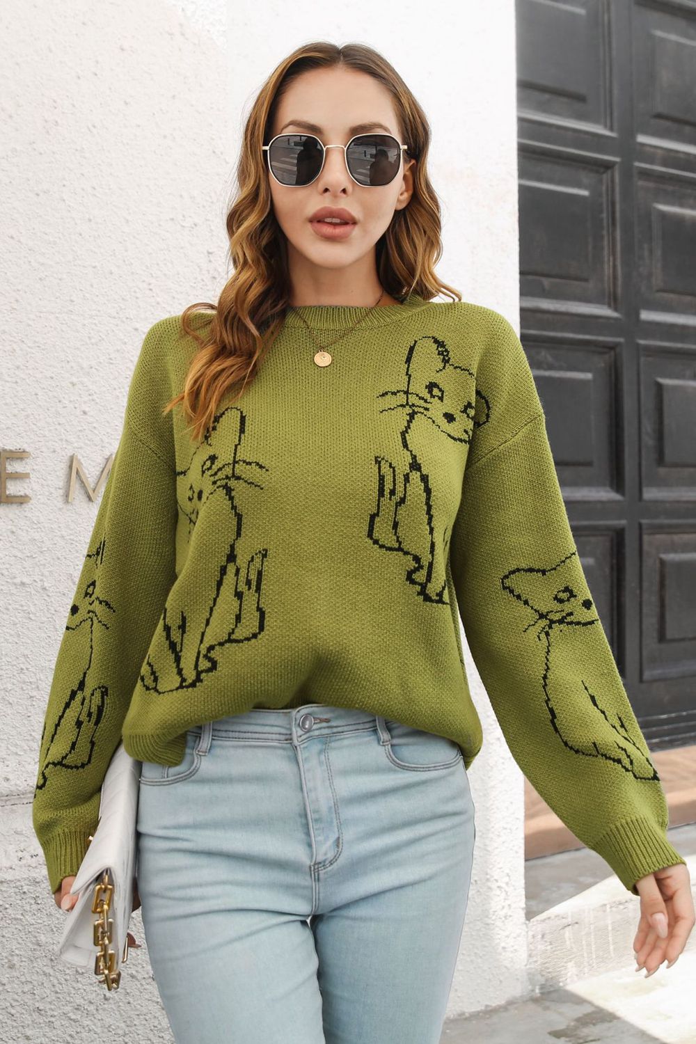 Cat Pattern Round Neck Long Sleeve Pullover Sweater - FunkyPeacockStore (Store description)