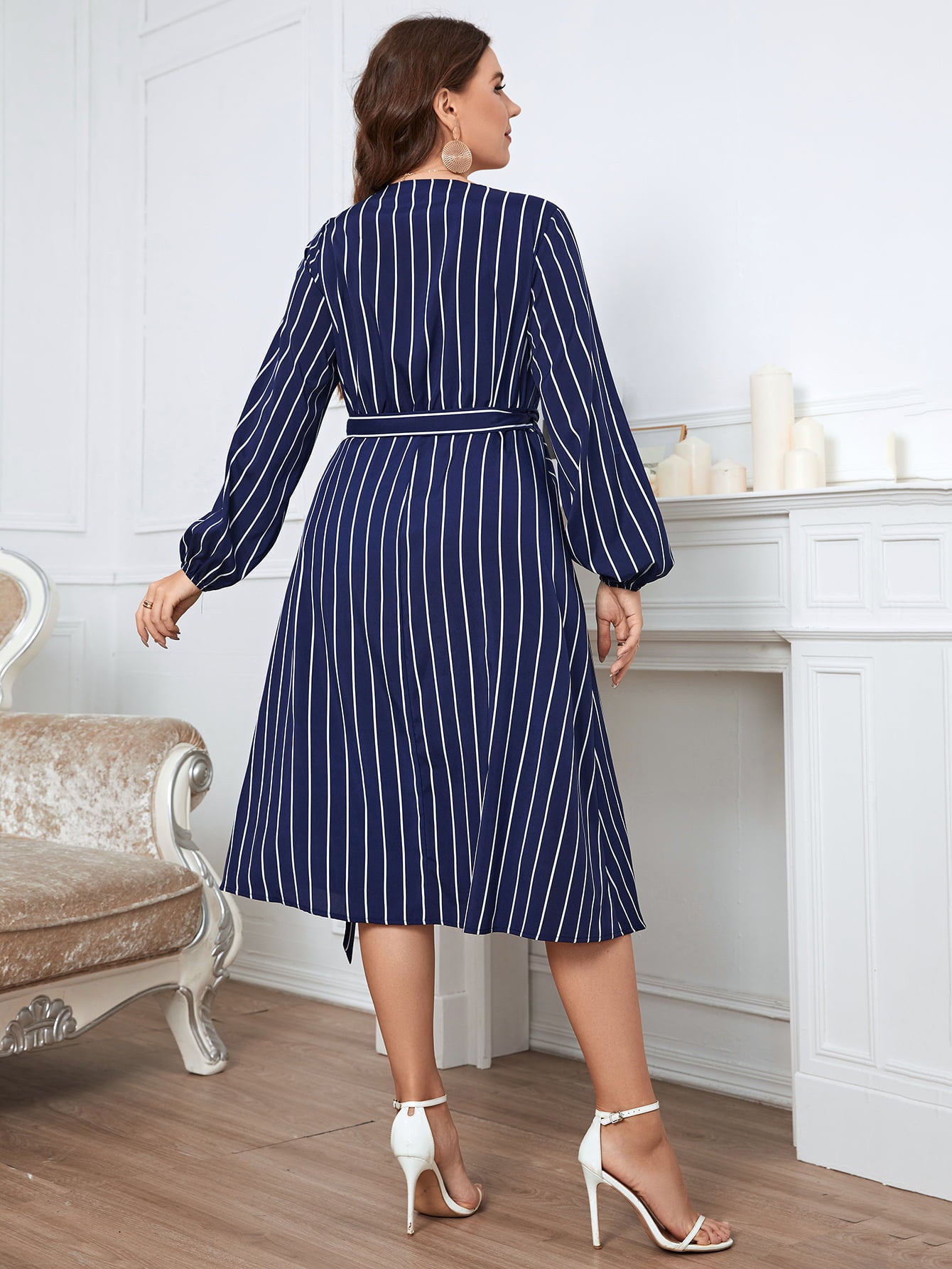 Striped Surplice Neck Long Sleeve Dress - FunkyPeacockStore (Store description)