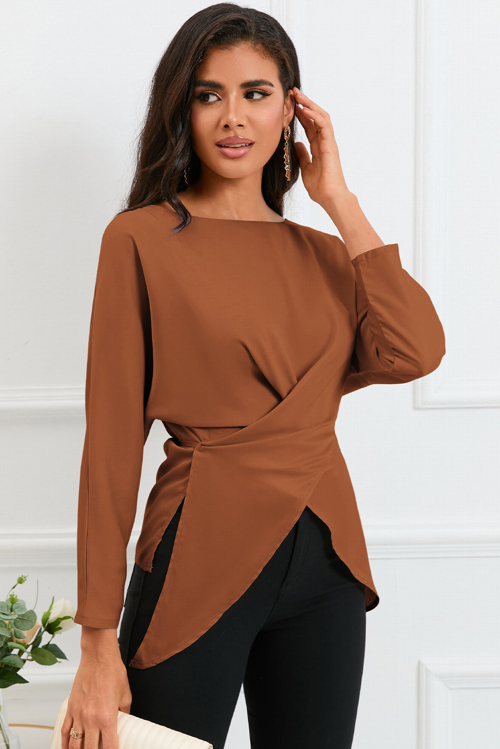 Boat Neck Back Tie Long Sleeve Satin Blouse - FunkyPeacockStore (Store description)