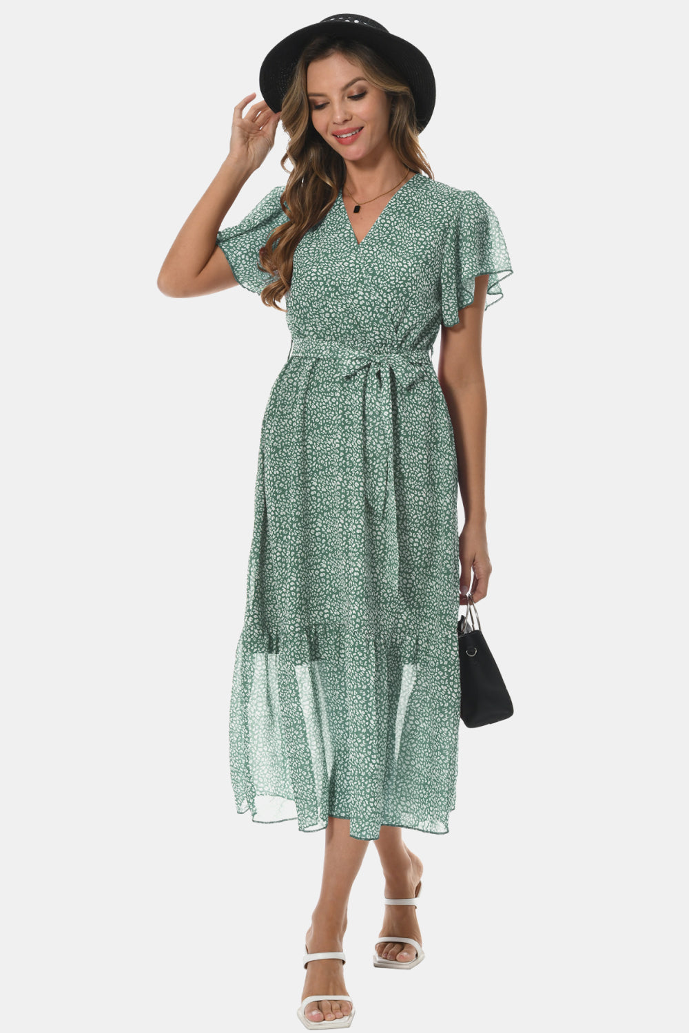 Surplice Neck Flutter Sleeve Tied Dress - FunkyPeacockStore (Store description)