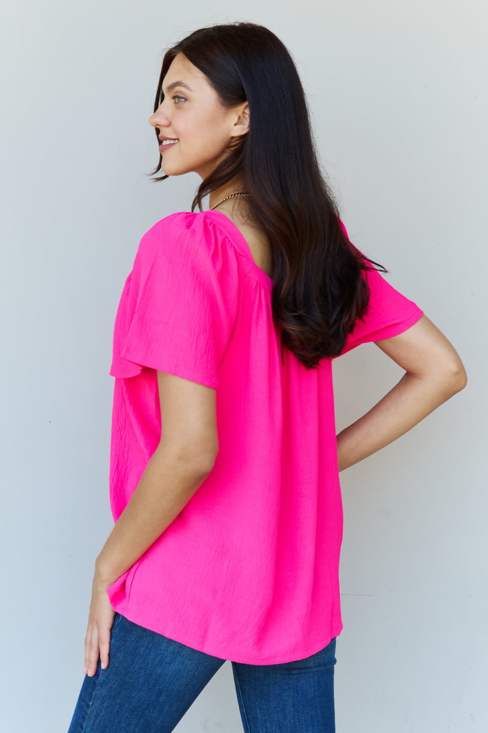 Ninexis Keep Me Close Square Neck Short Sleeve Blouse in Fuchsia - FunkyPeacockStore (Store description)