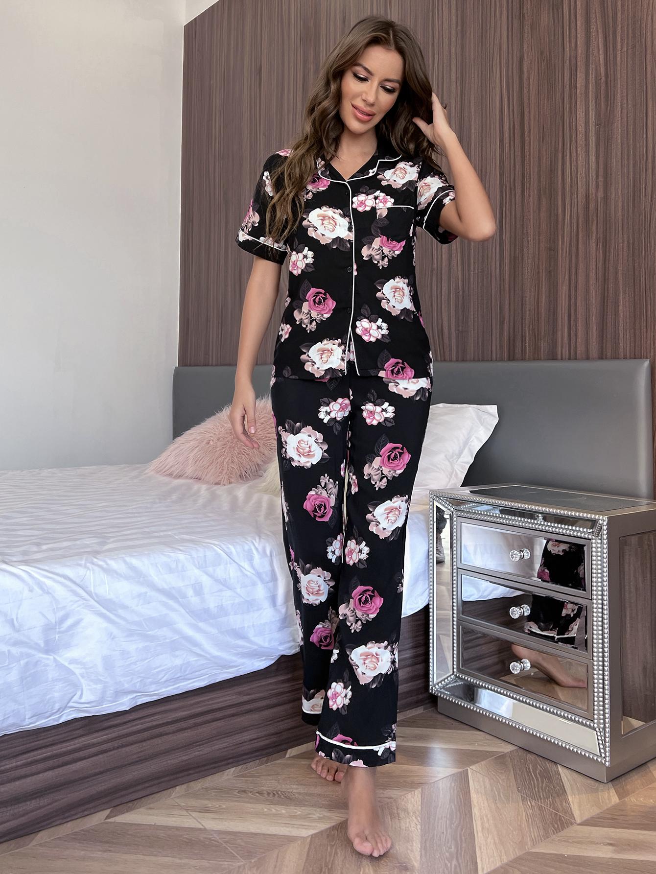 Floral Short Sleeve Shirt and Pants Lounge Set - FunkyPeacockStore (Store description)