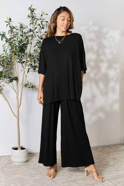 Double Take Full Size Round Neck Slit Top and Pants Set - FunkyPeacockStore (Store description)