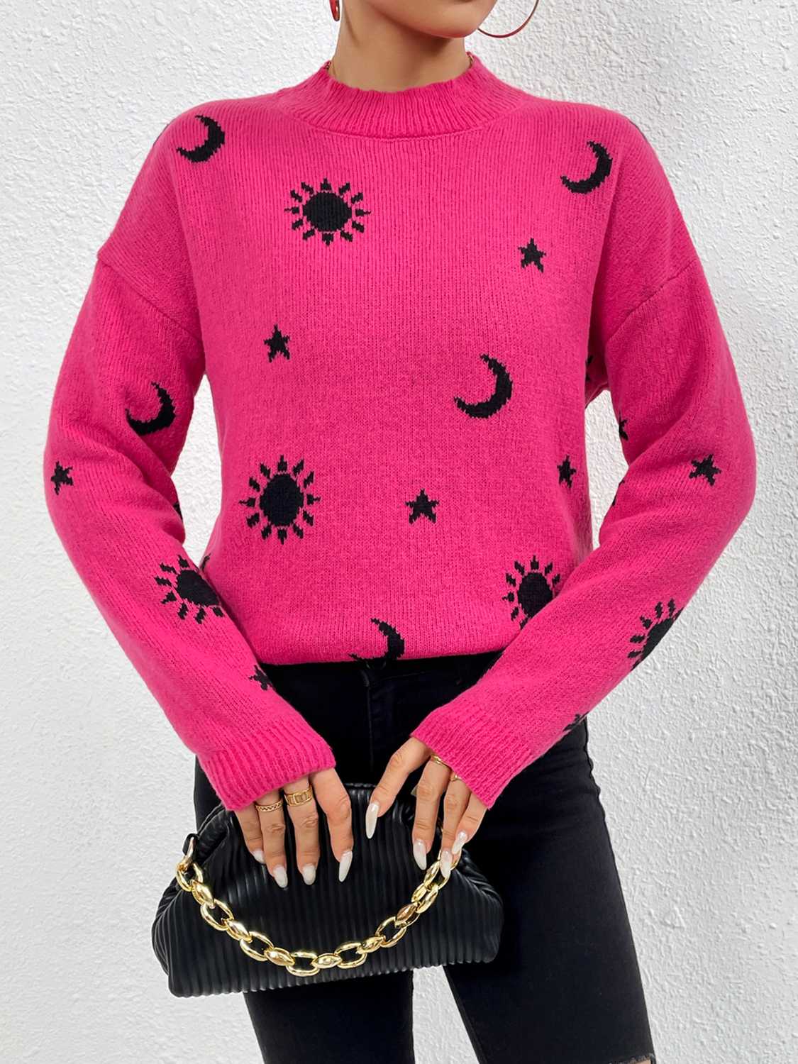 Patterned Drop Shoulder Sweater - FunkyPeacockStore (Store description)