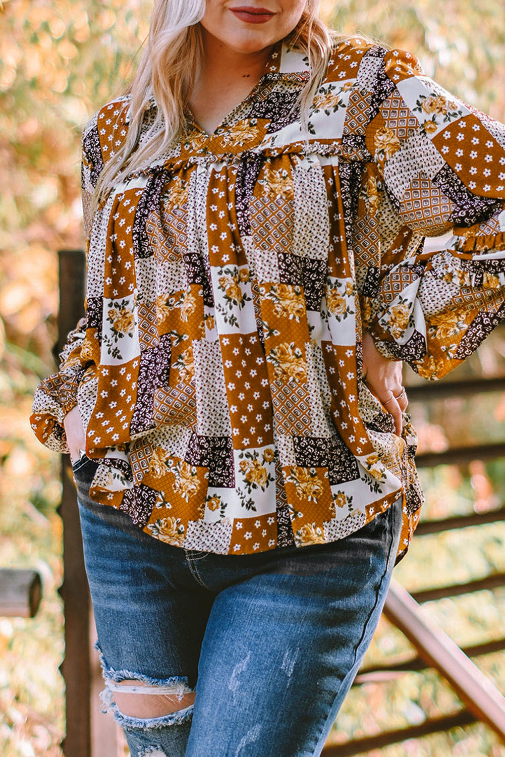 Plus Size Patchwork Balloon Sleeve Blouse - FunkyPeacockStore (Store description)