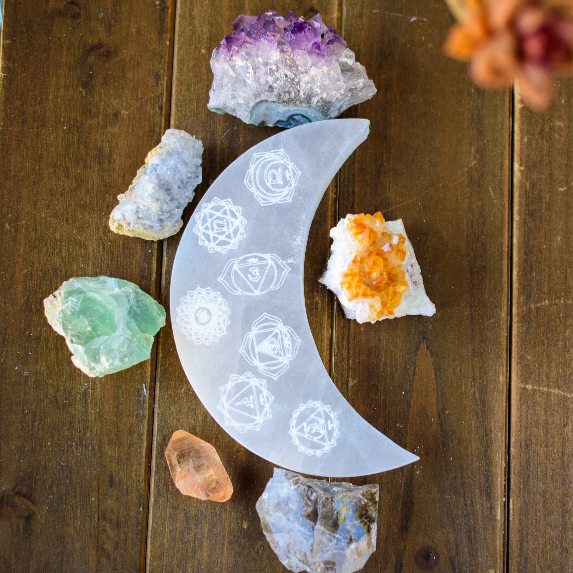 7 Chakras Engraved Crescent Moon Selenite Plate - FunkyPeacockStore (Store description)